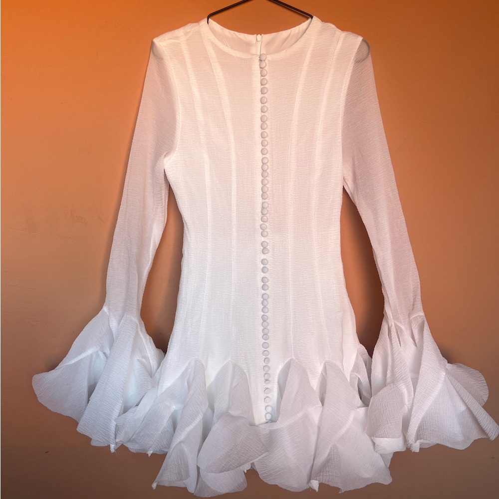 White Long Sleeve Mini Ruffle Dress, Bell Sleeves